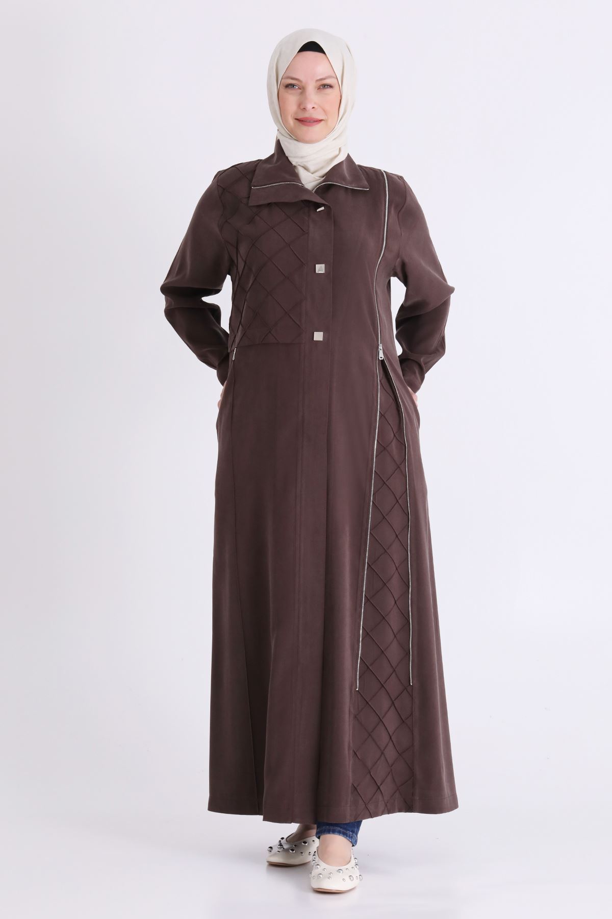Behrem Fermuar Detaylı Ferace- LYN04575 Kahve