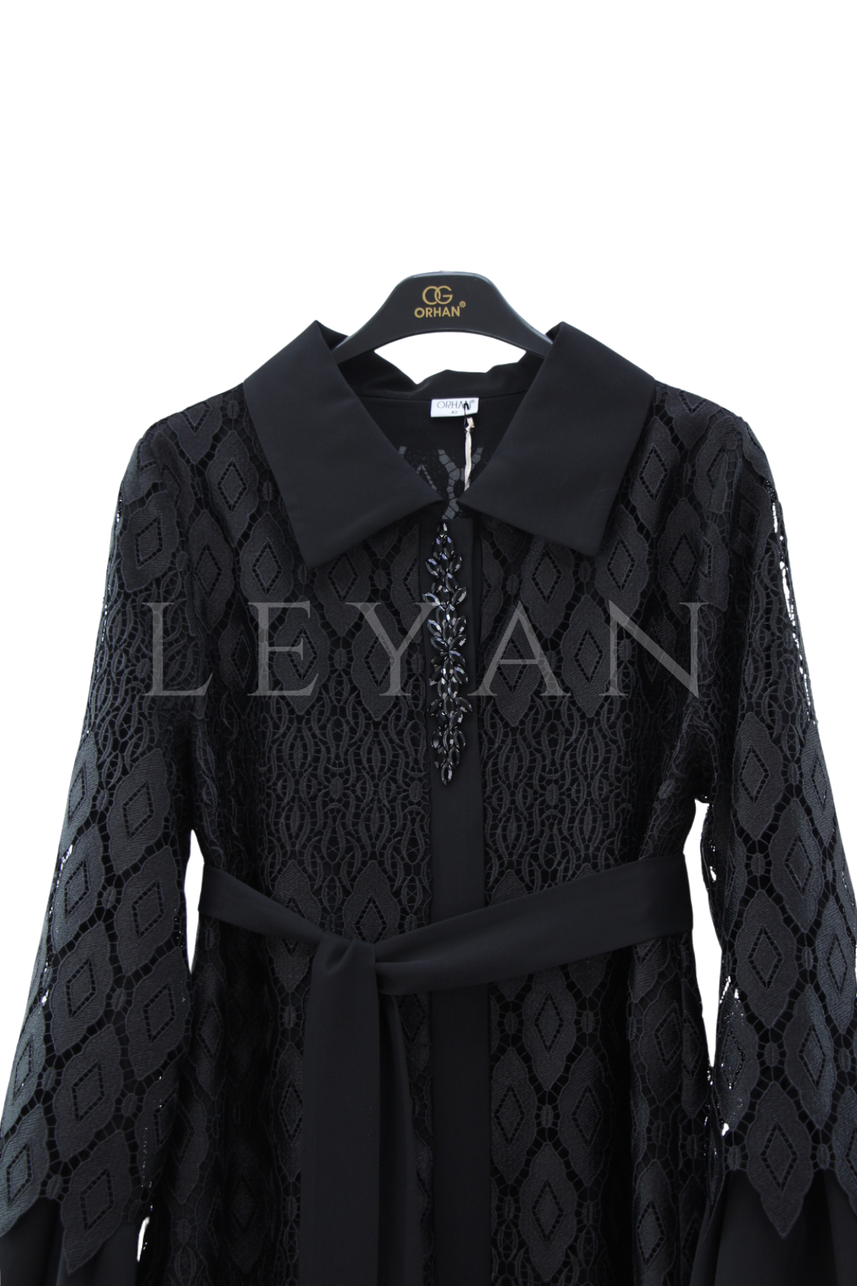 Orhan Store Taşlı Güpürlü Ferace- LYN04578 Siyah