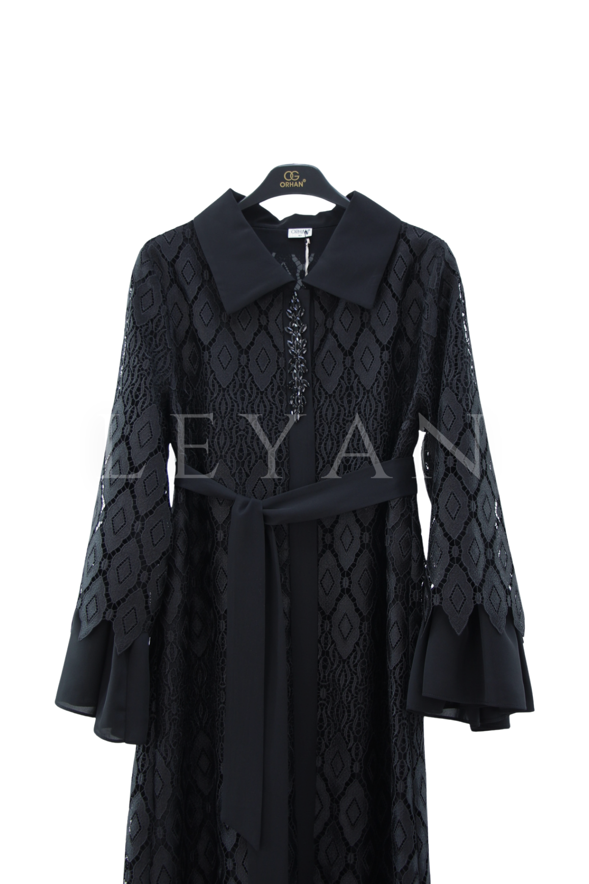 Orhan Store Taşlı Güpürlü Ferace- LYN04578 Siyah