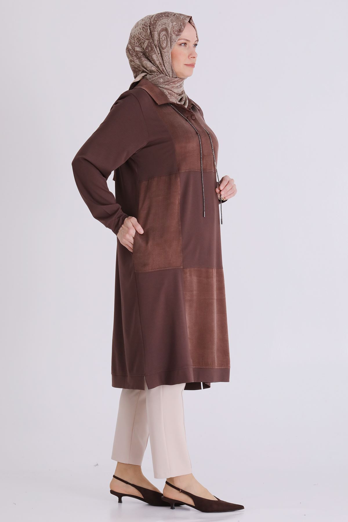Behrem Parçalı Yakası İpli Tunik- LYN04584 Kahve