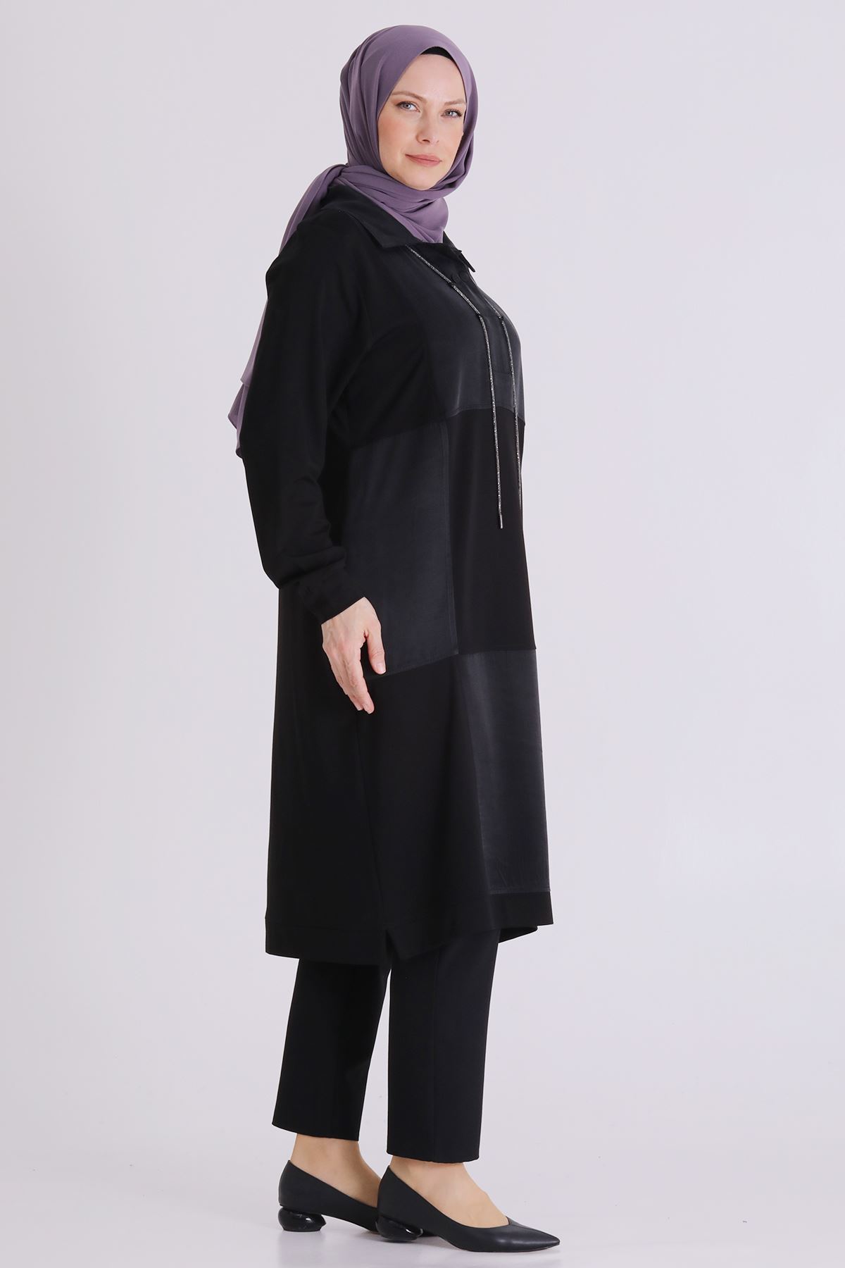 Behrem Parçalı Yakası İpli Tunik- LYN04584 Siyah