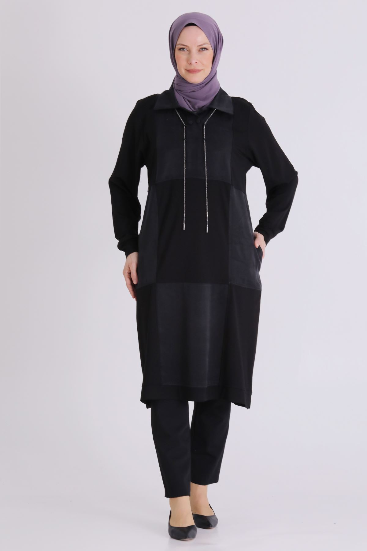 Behrem Parçalı Yakası İpli Tunik- LYN04584 Siyah