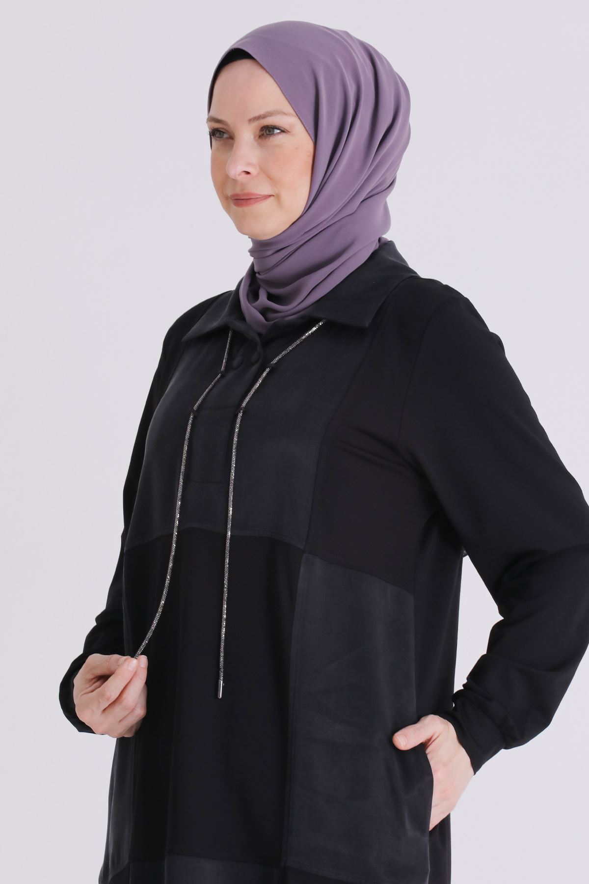 Behrem Parçalı Yakası İpli Tunik- LYN04584 Siyah