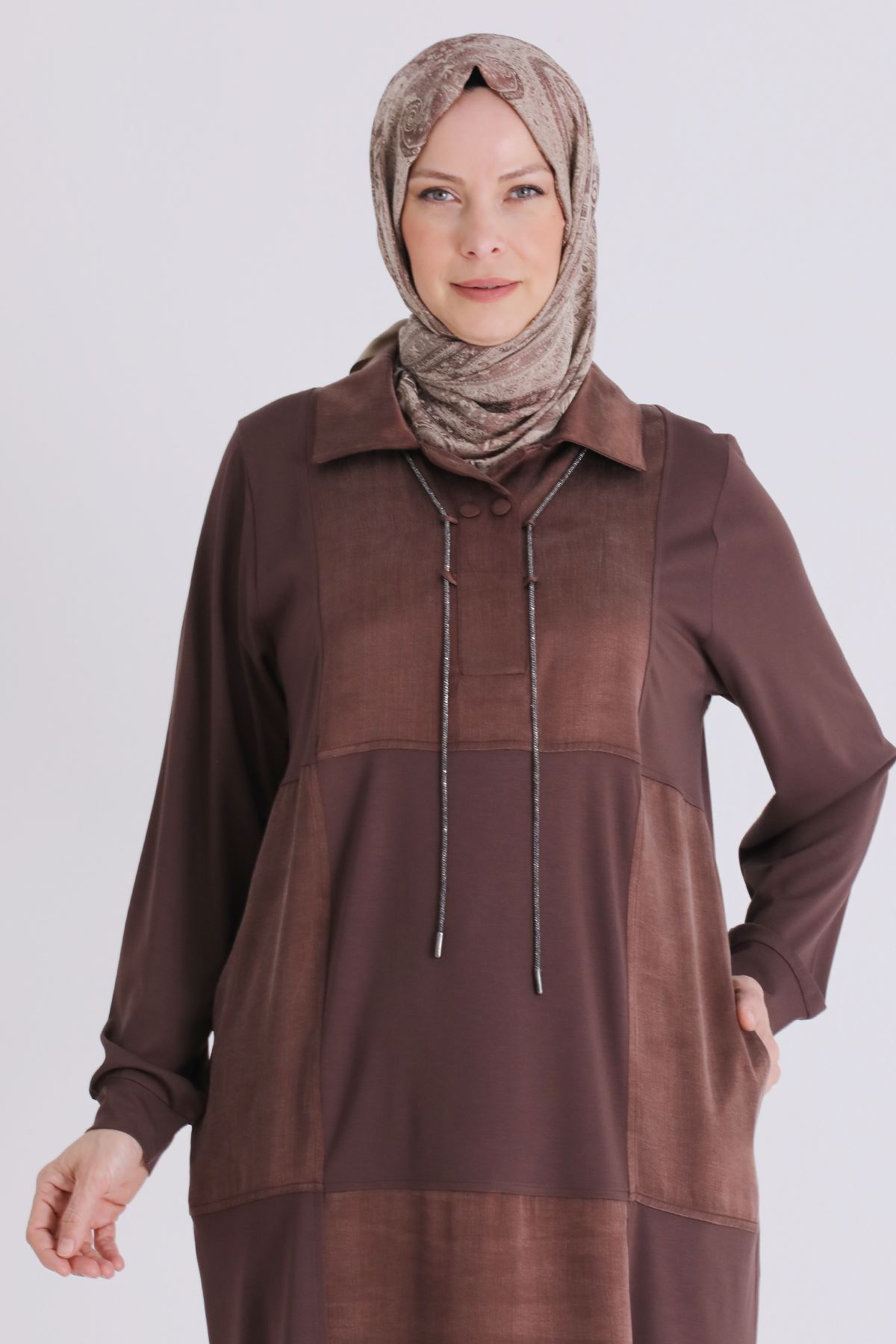 Behrem Parçalı Yakası İpli Tunik- LYN04584 Kahve