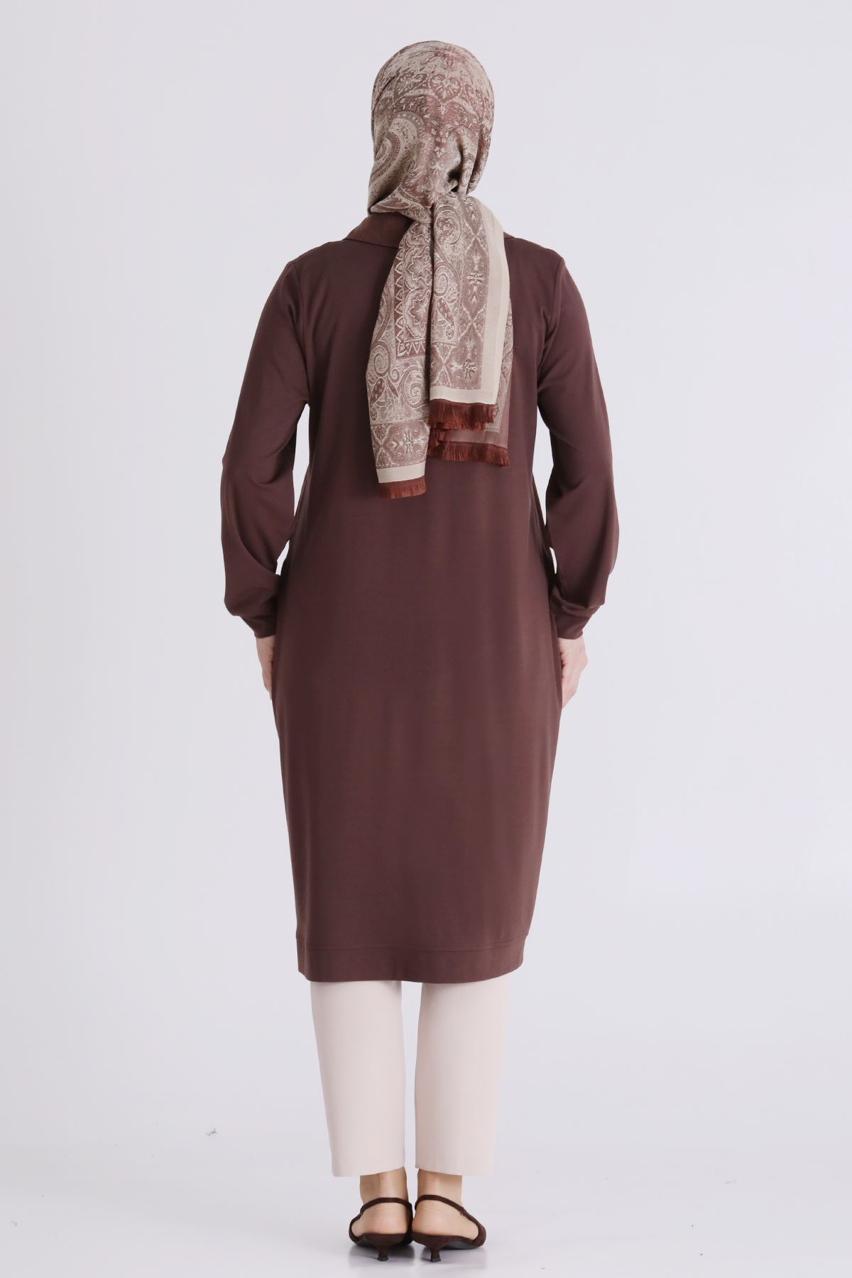 Behrem Parçalı Yakası İpli Tunik- LYN04584 Kahve
