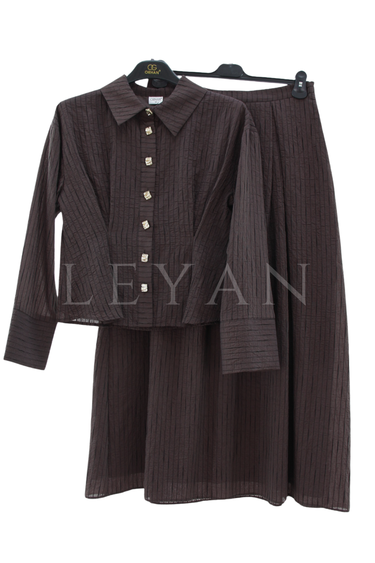 Orhan Store Düğmeli Etekli Takım- LYN04582 Kahve