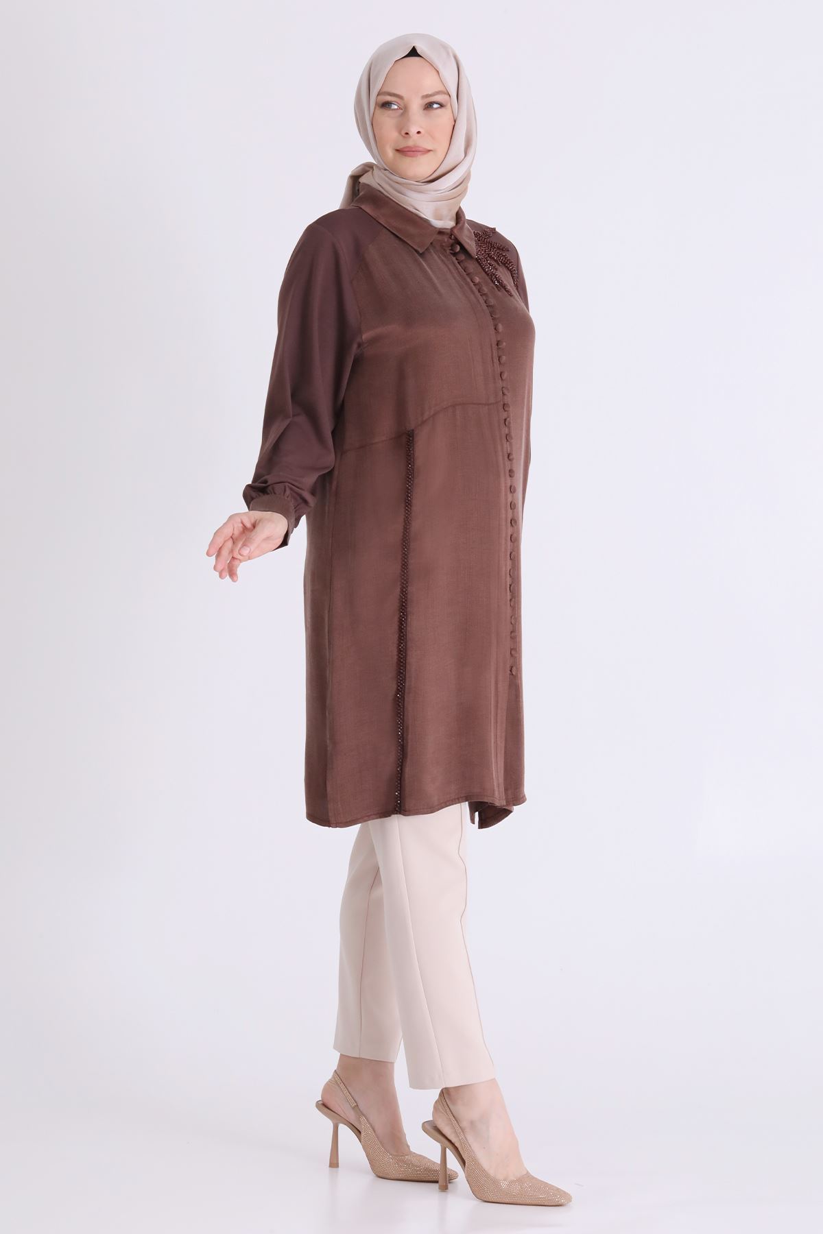 Behrem İşlemeli Tunik- LYN04588 Kahve