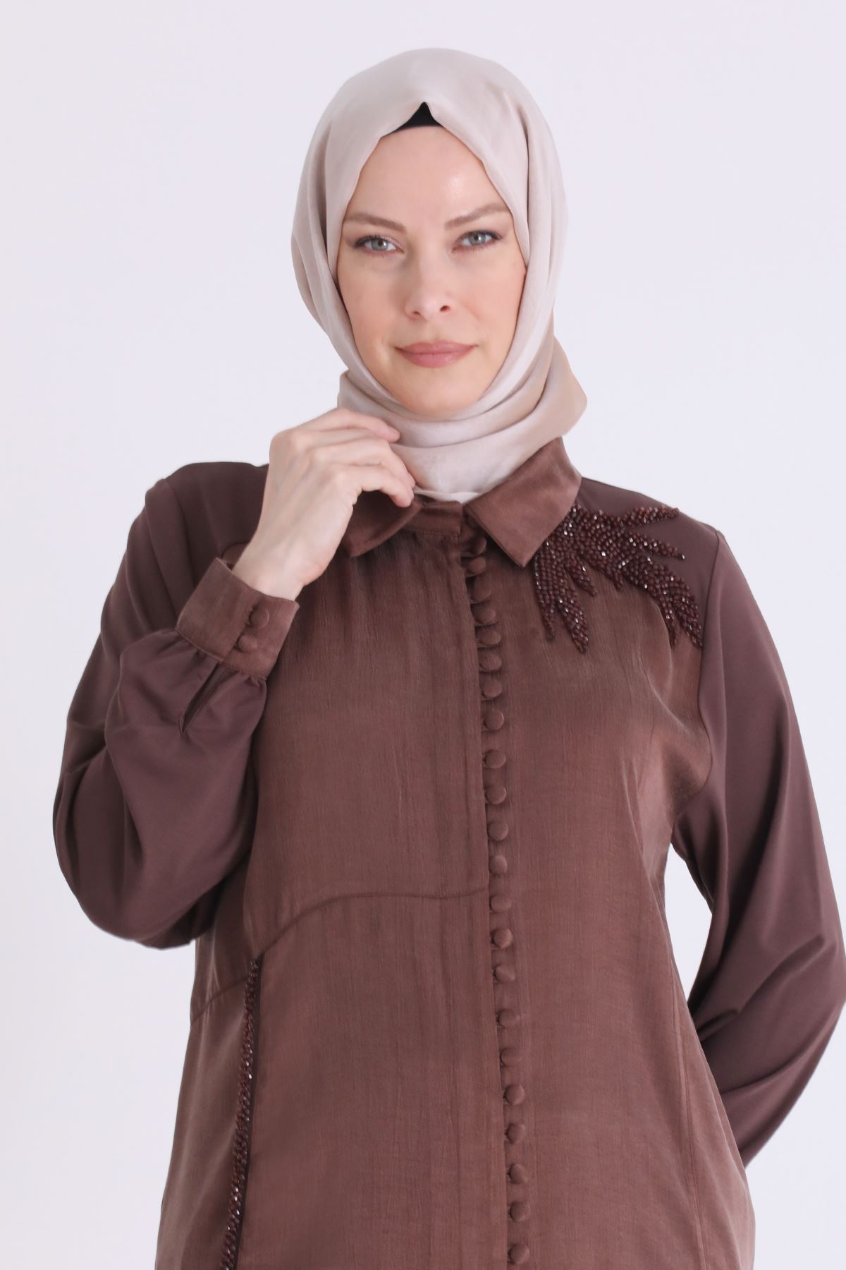 Behrem İşlemeli Tunik- LYN04588 Kahve