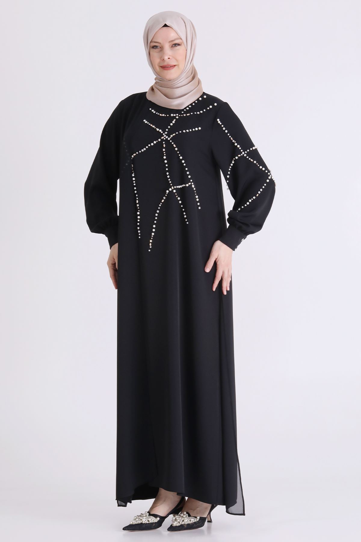 Behrem İncili Taşlı Elbise- LYN04591 Siyah