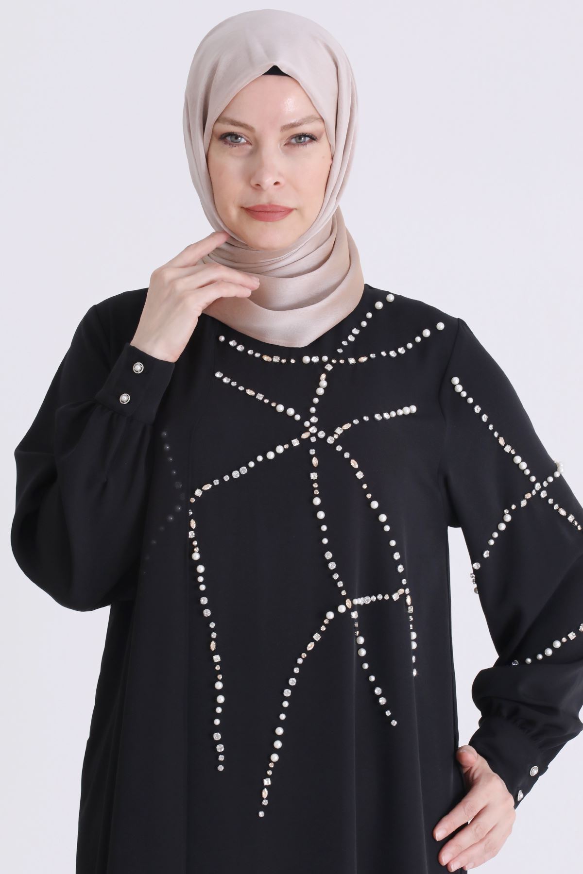Behrem İncili Taşlı Elbise- LYN04591 Siyah
