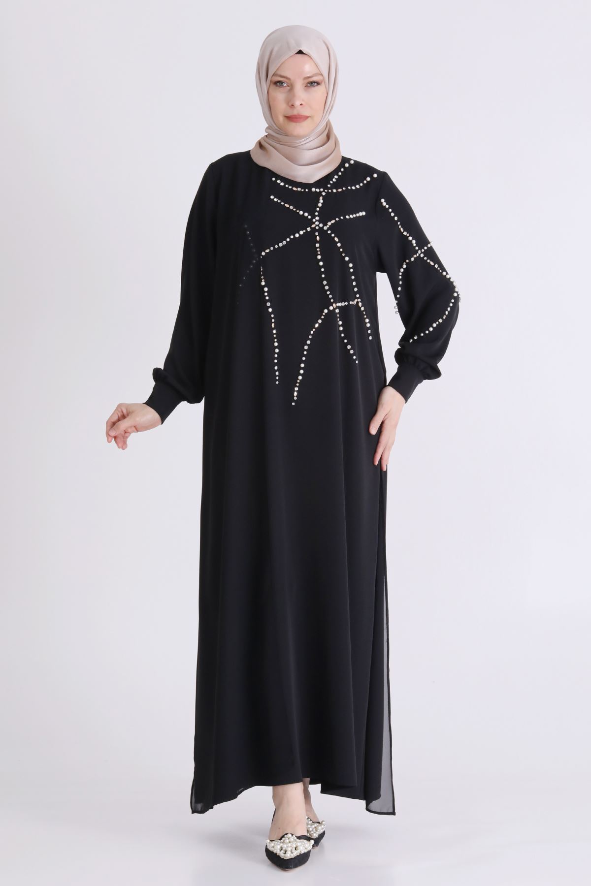 Behrem İncili Taşlı Elbise- LYN04591 Siyah