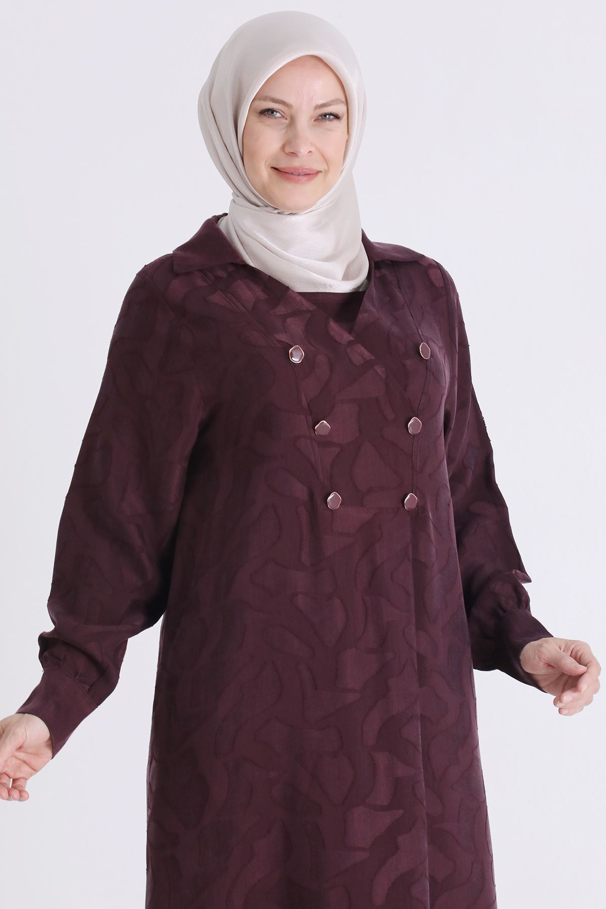 Behrem Jakarlı Düğmeli Elbise-LYN04613 Mürdüm
