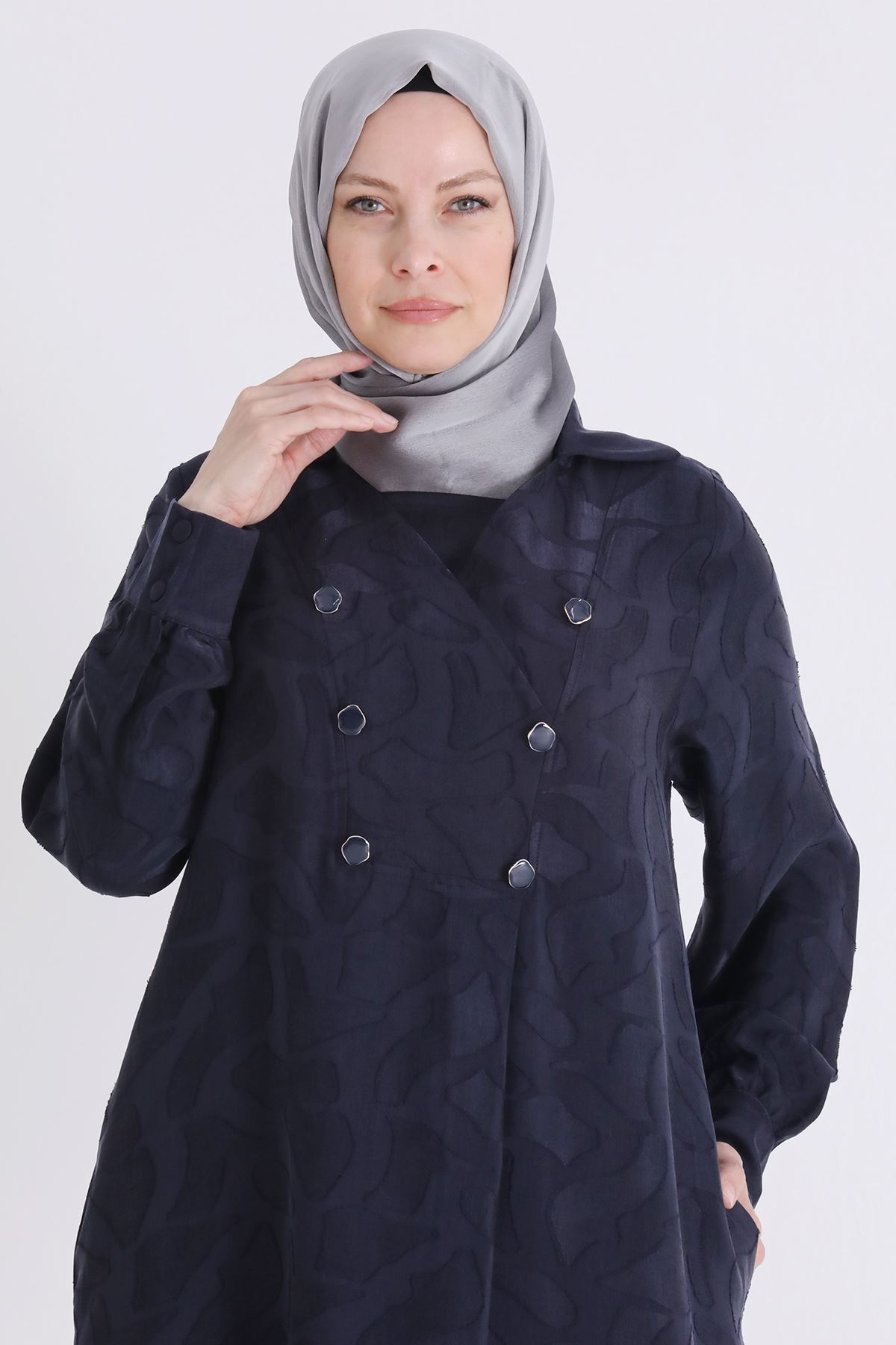 Behrem Jakarlı Düğmeli Elbise-LYN04613 Lacivert