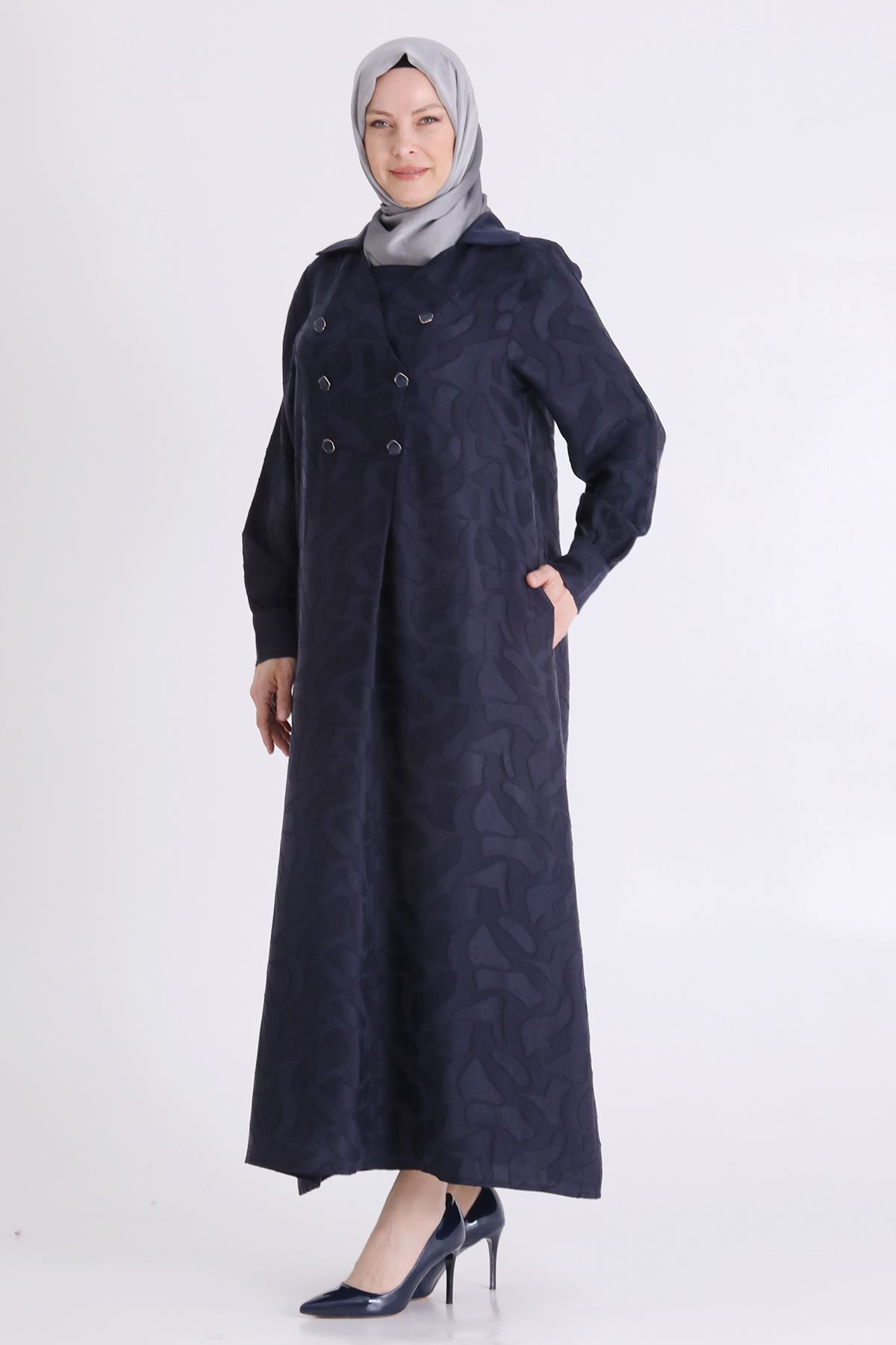 Behrem Jakarlı Düğmeli Elbise-LYN04613 Lacivert