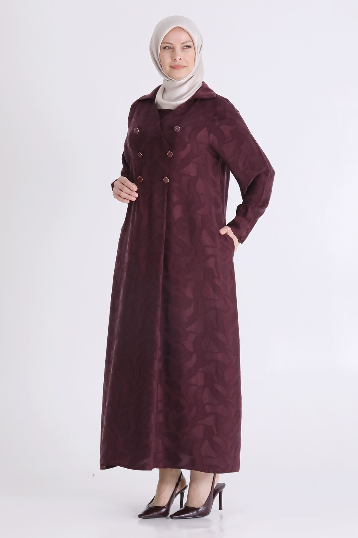Behrem Jakarlı Düğmeli Elbise-LYN04613 Mürdüm