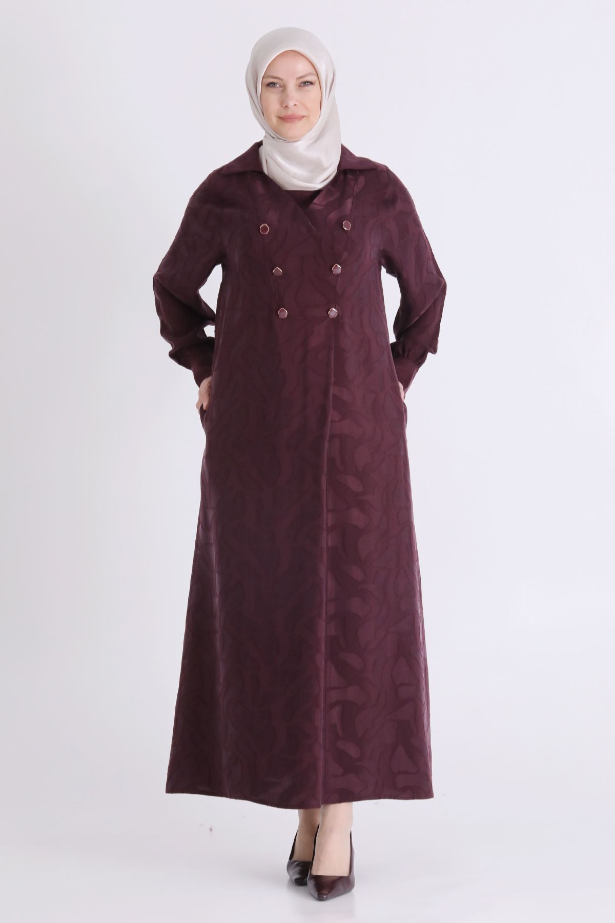 Behrem Jakarlı Düğmeli Elbise-LYN04613 Mürdüm