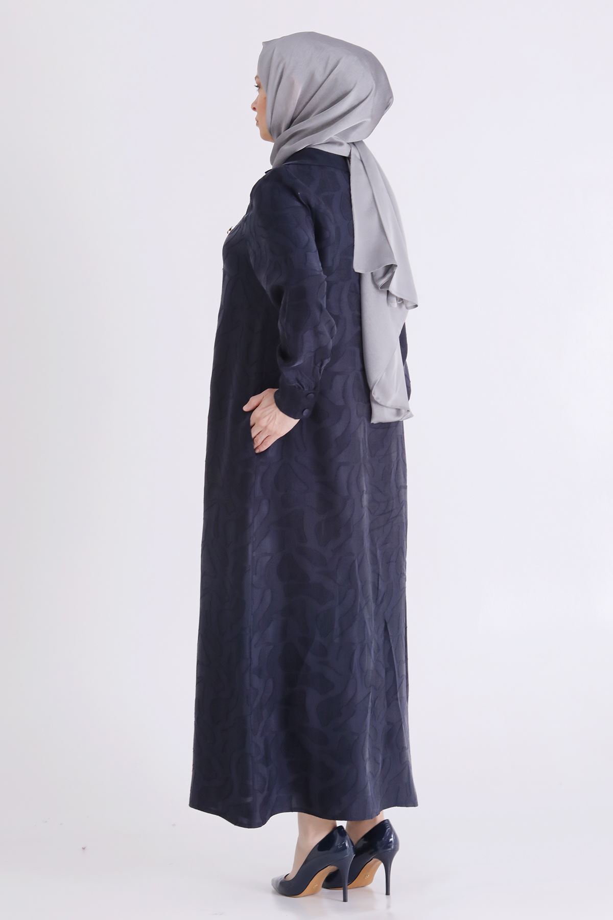 Behrem Jakarlı Düğmeli Elbise-LYN04613 Lacivert