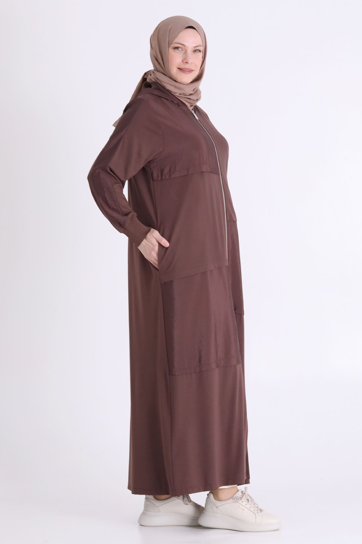 Behrem Paraşüt Detaylı Ferace-LYN04614 Kahve