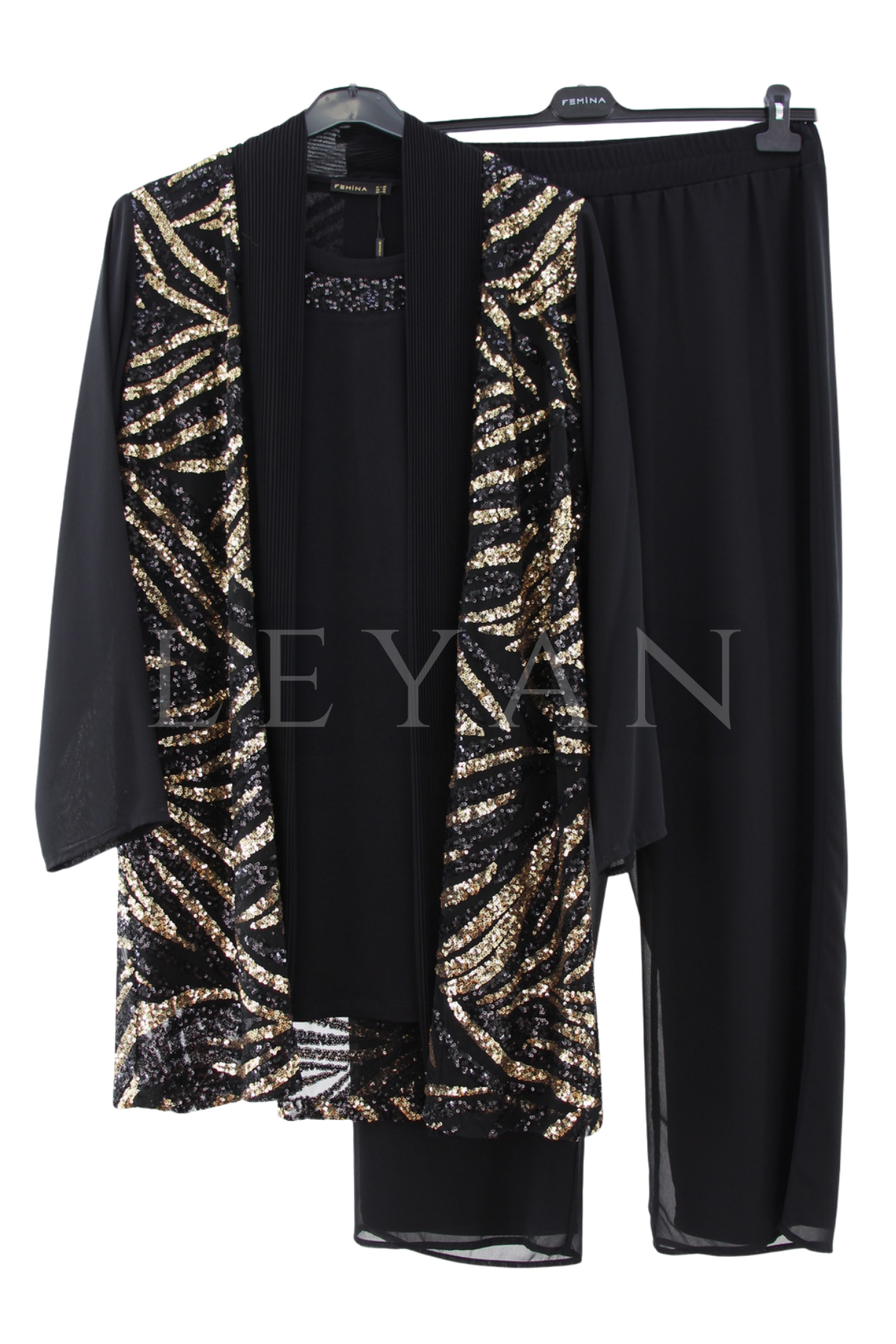 Femina Payetli Ceketli Pantolonlu Takım-LYN04616 Siyah