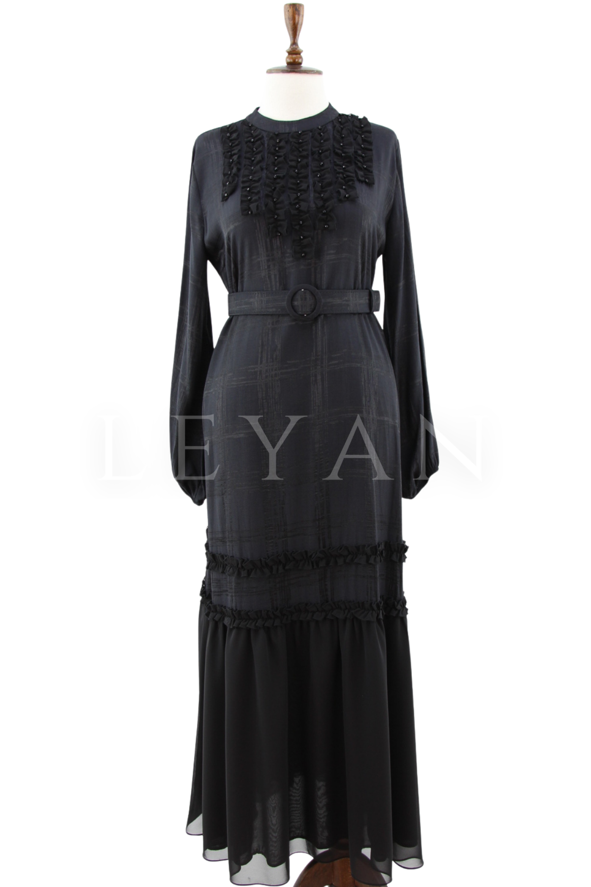 Orhan Fırfırlı Detaylı Elbise-LYN04626 Siyah