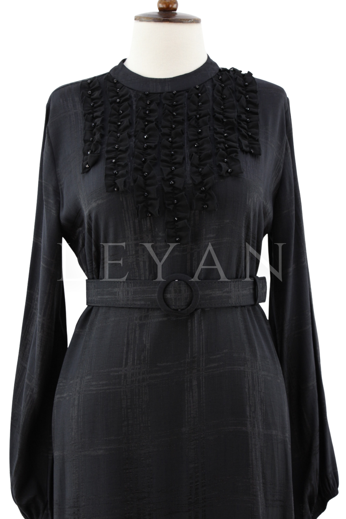 Orhan Fırfırlı Detaylı Elbise-LYN04626 Siyah