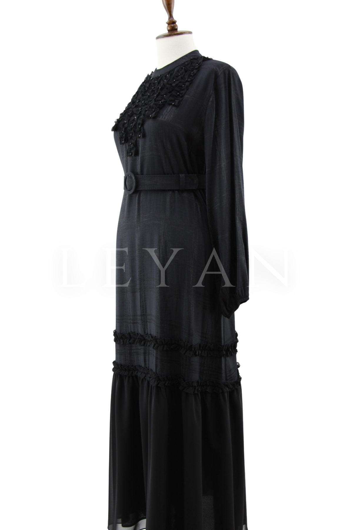 Orhan Fırfırlı Detaylı Elbise-LYN04626 Siyah