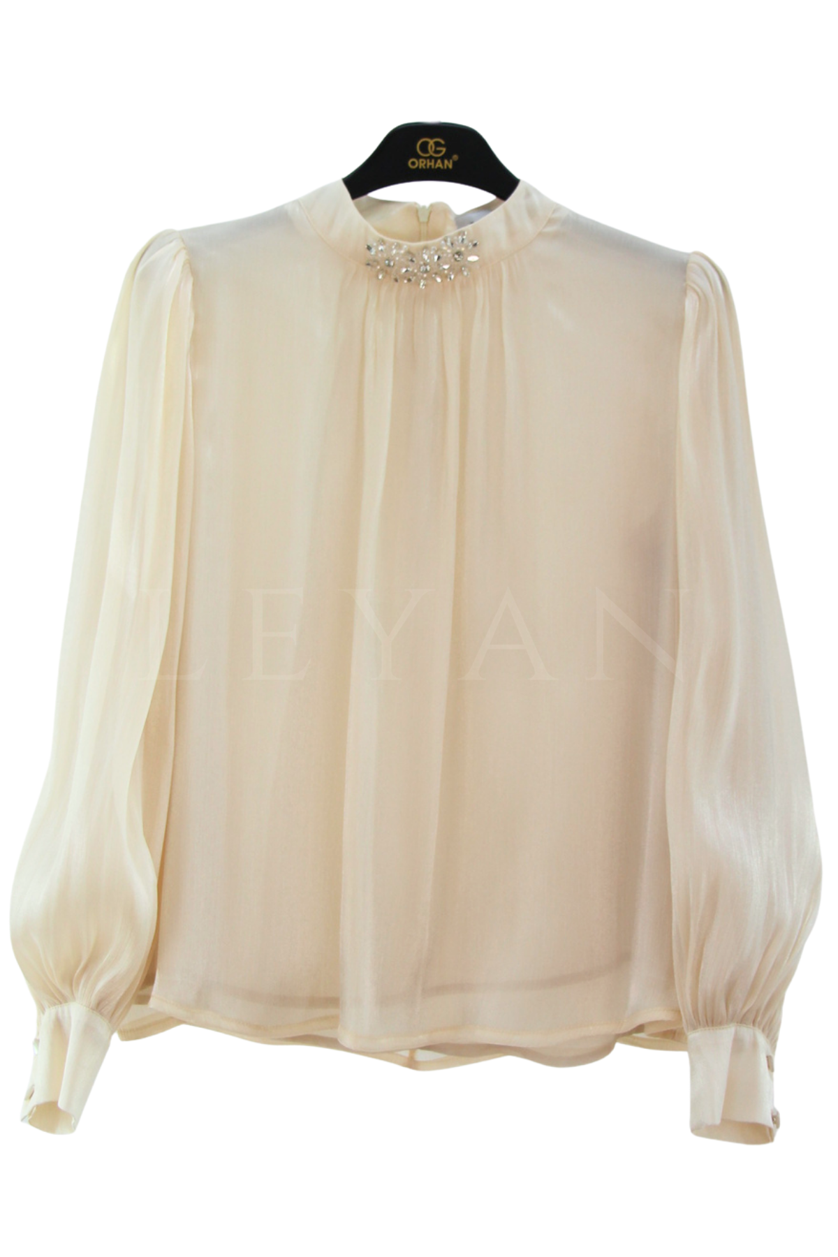Orhan Store Yakası Taşlı Bluz- LYN04638 Bej