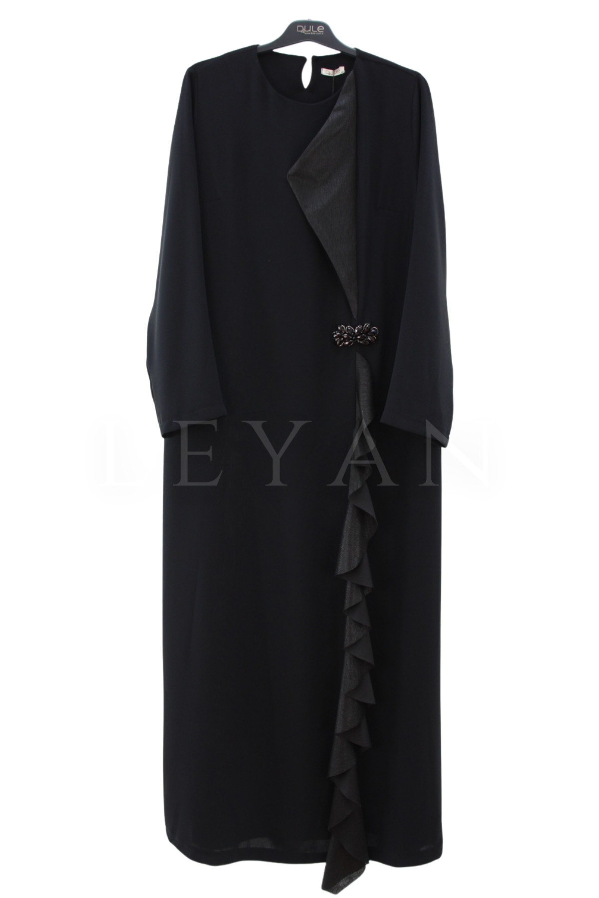 Dule Volanlı Krep Elbise- LYN04643 Siyah