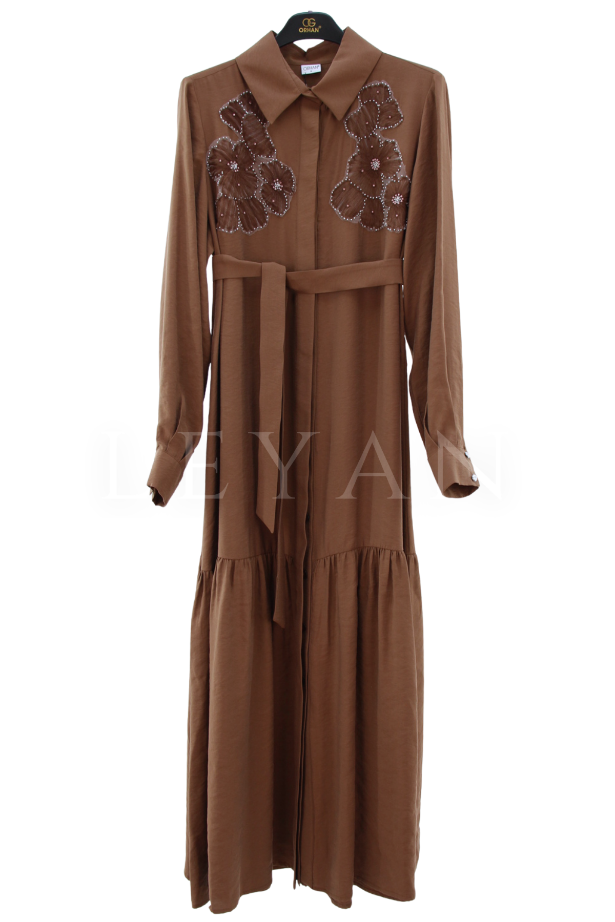 Orhan Store İşlemeli Elbise- LYN03810 Kahve