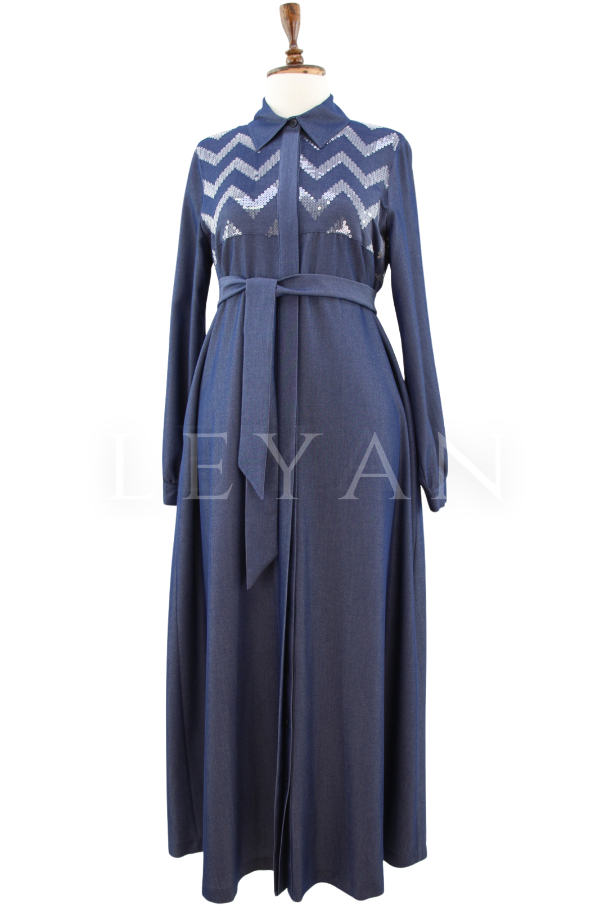 Nuss Denim Zikzak Payetli Elbise- LYN04646 Koyu Mavi