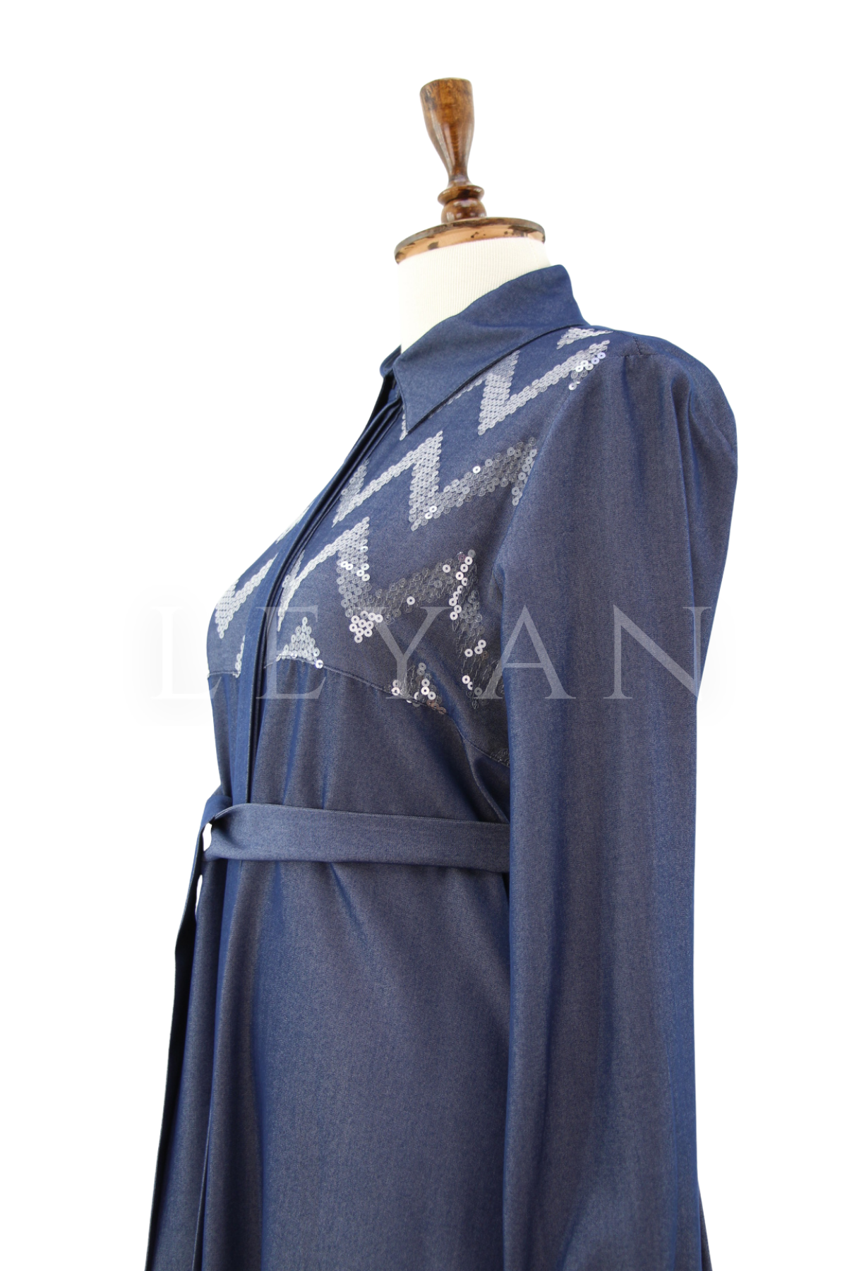 Nuss Denim Zikzak Payetli Elbise- LYN04646 Koyu Mavi