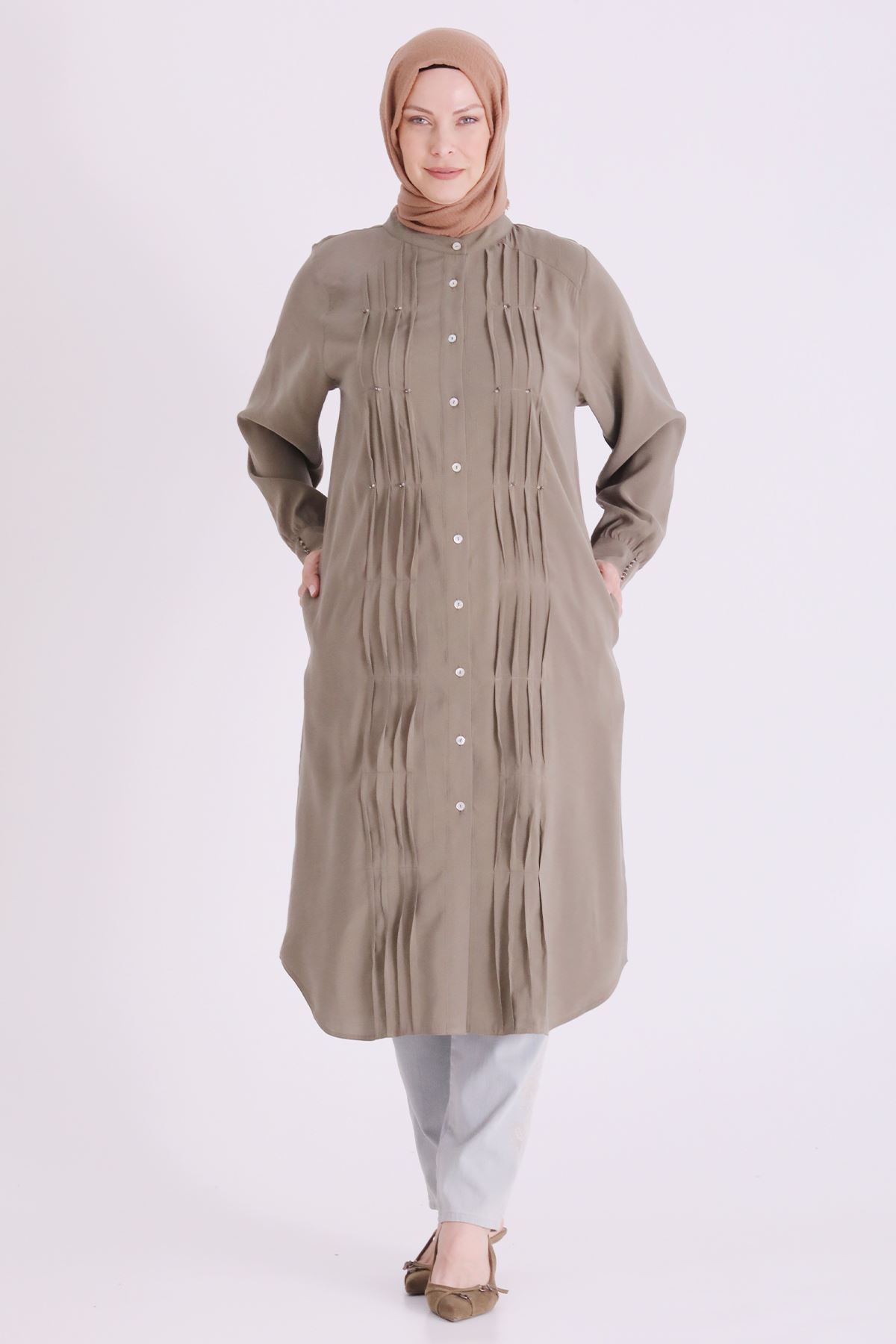 Behrem Boncuk İşlemeli Tunik-LYN04664 Haki