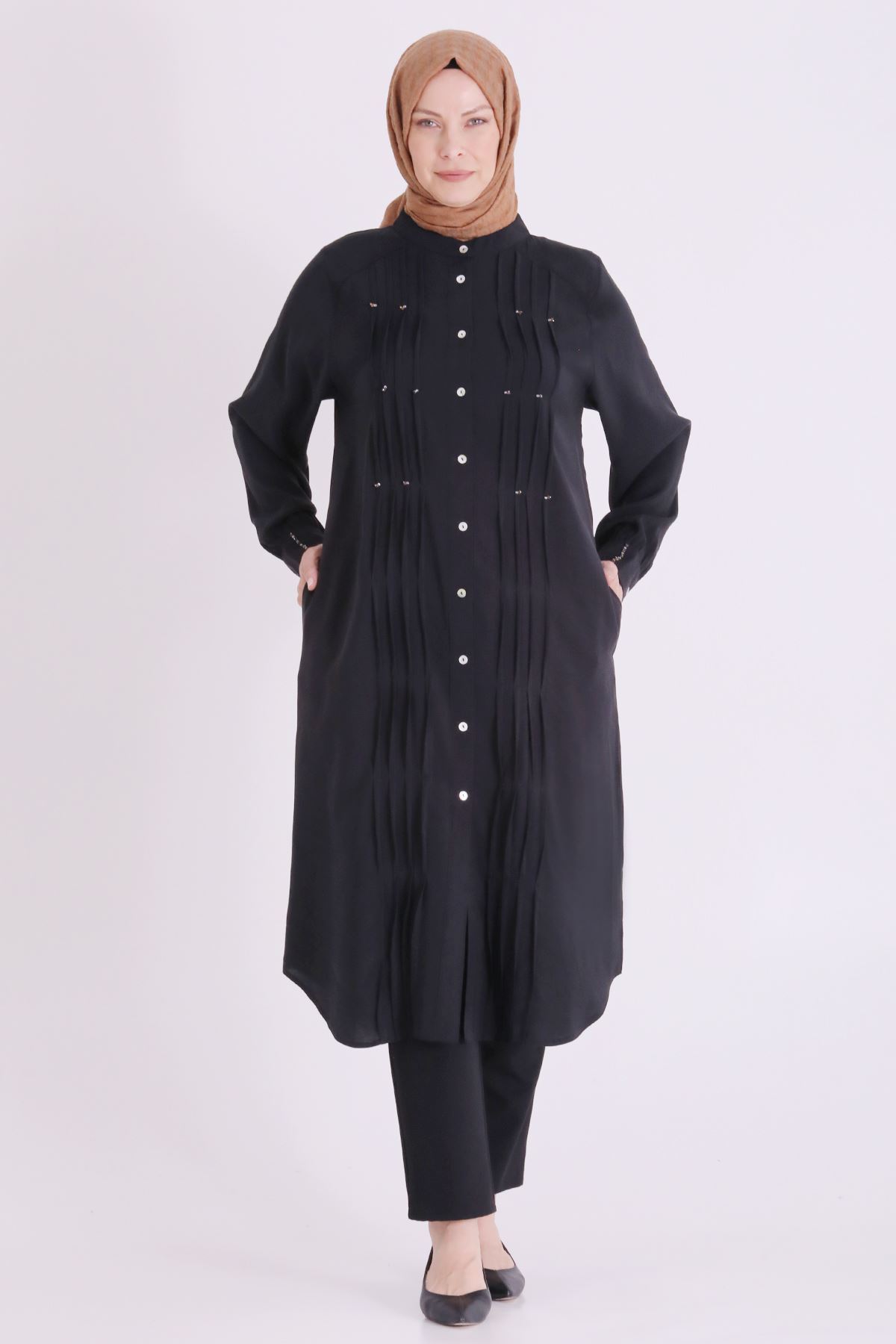 Behrem Boncuk İşlemeli Tunik-LYN04664 Siyah