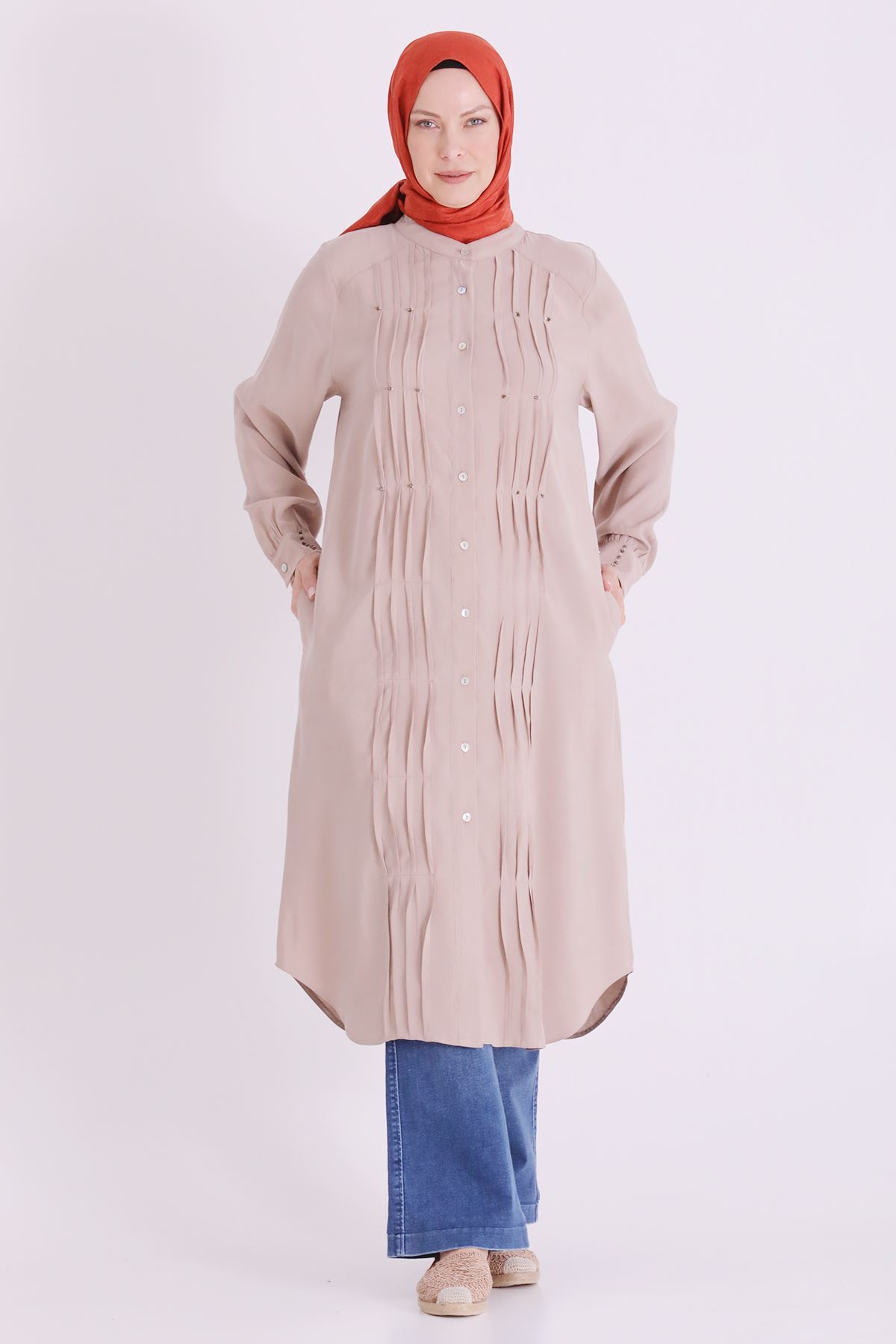 Behrem Boncuk İşlemeli Tunik-LYN04664 Bej