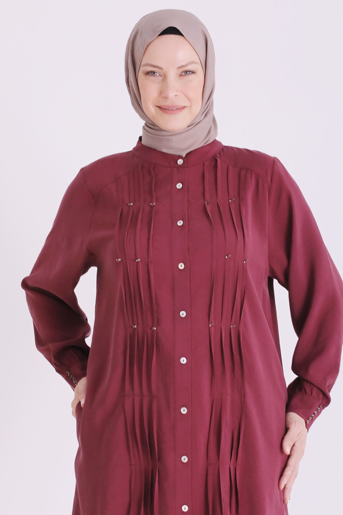 Behrem Boncuk İşlemeli Tunik-LYN04664 Bordo