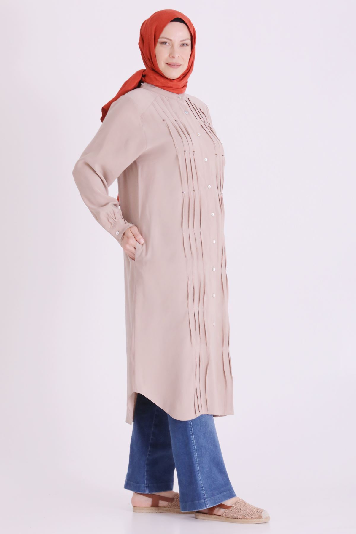 Behrem Boncuk İşlemeli Tunik-LYN04664 Bej