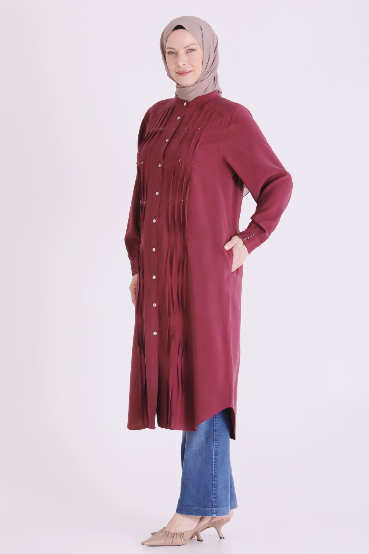 Behrem Boncuk İşlemeli Tunik-LYN04664 Bordo