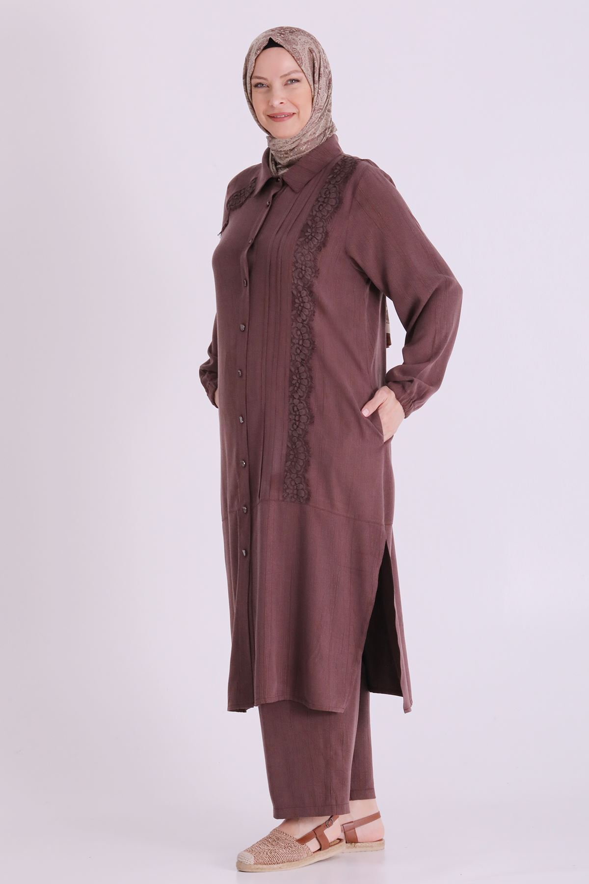 Behrem Güpür Detaylı Takım-LYN04663 Kahve