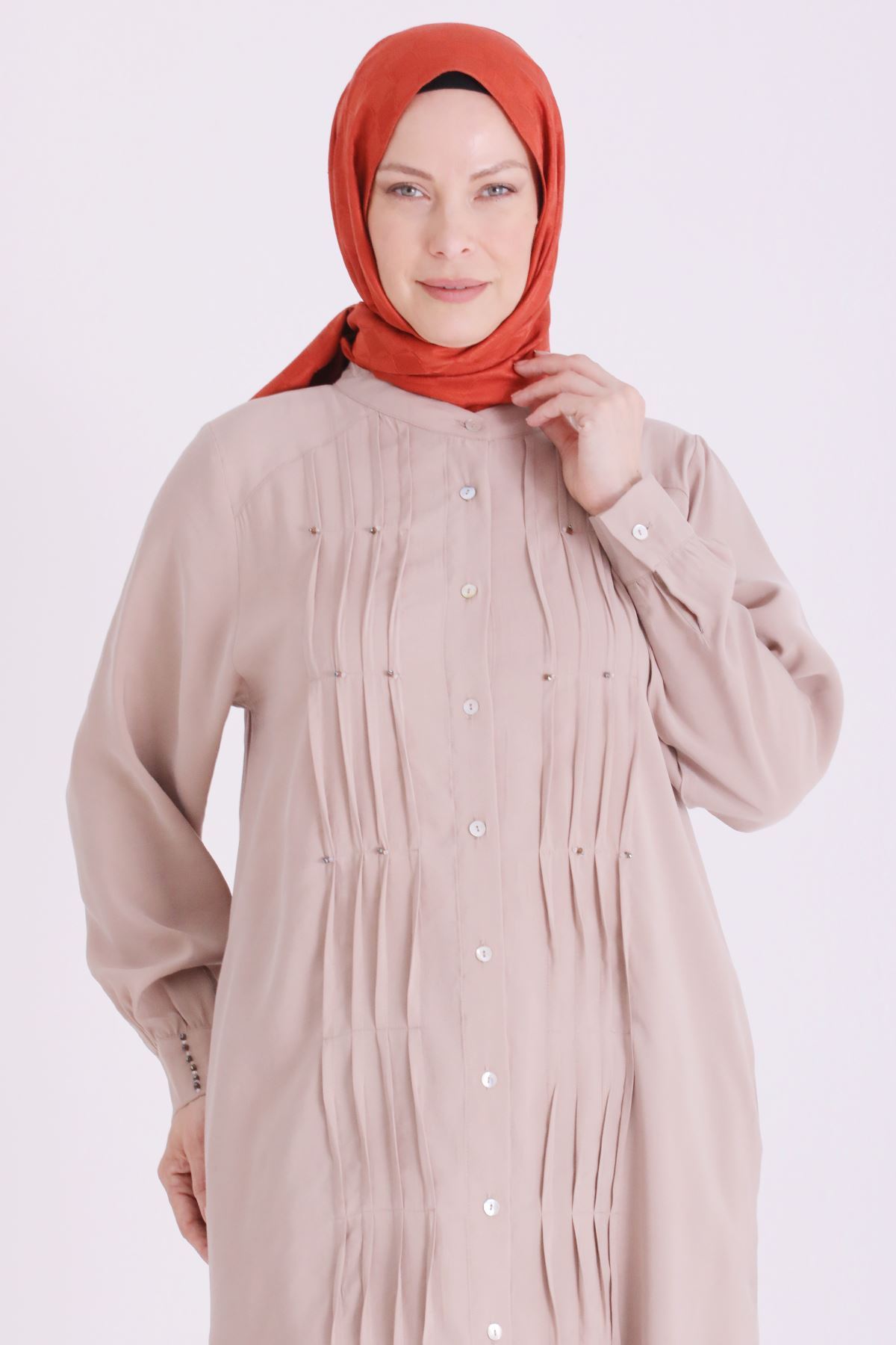 Behrem Boncuk İşlemeli Tunik-LYN04664 Bej