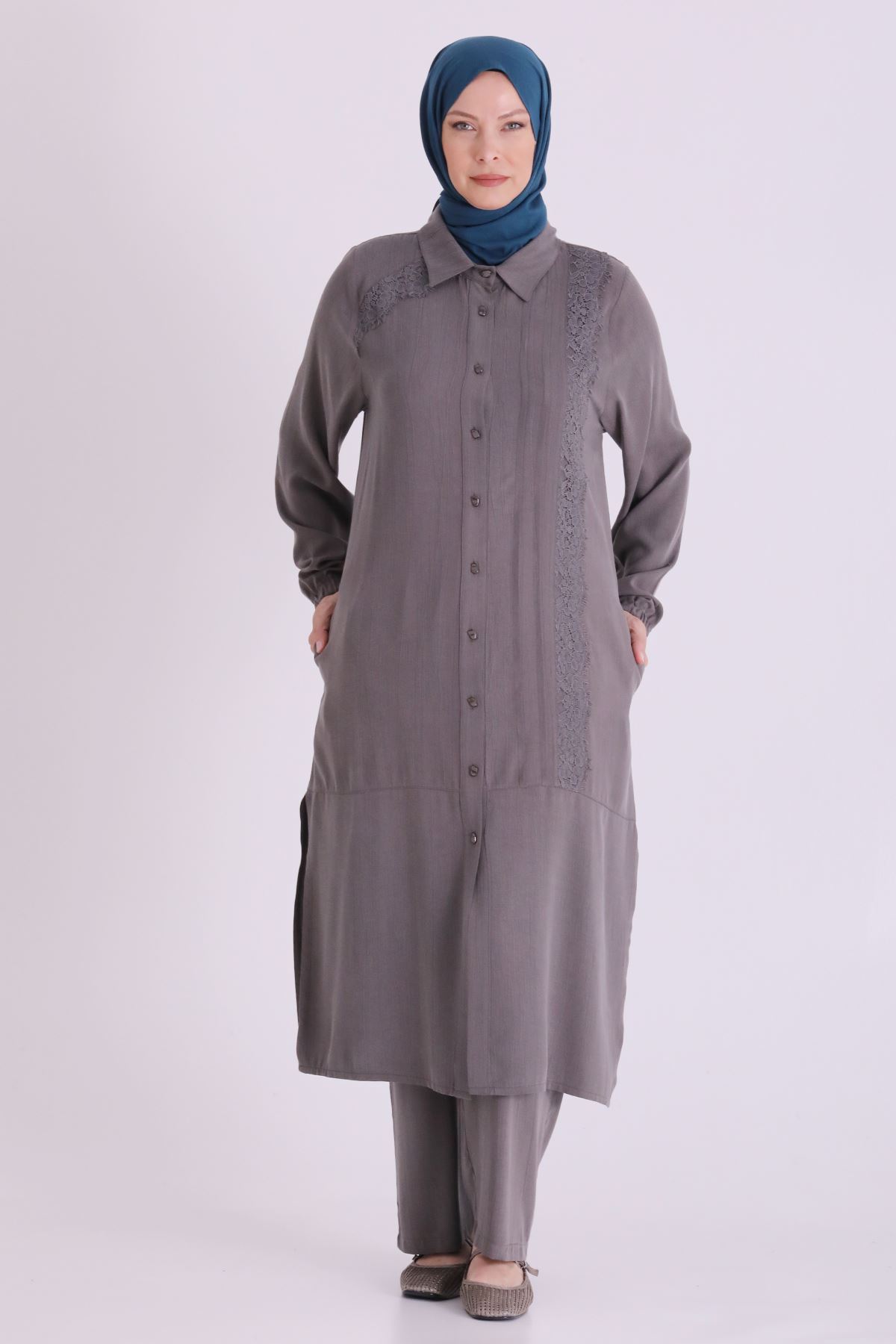 Behrem Güpür Detaylı Takım-LYN04663 Duman Gri