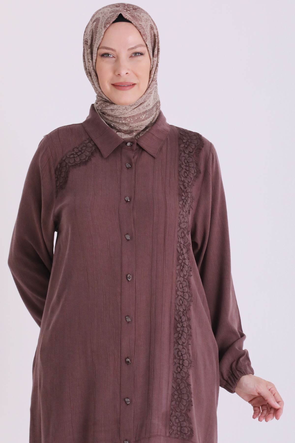 Behrem Güpür Detaylı Takım-LYN04663 Kahve