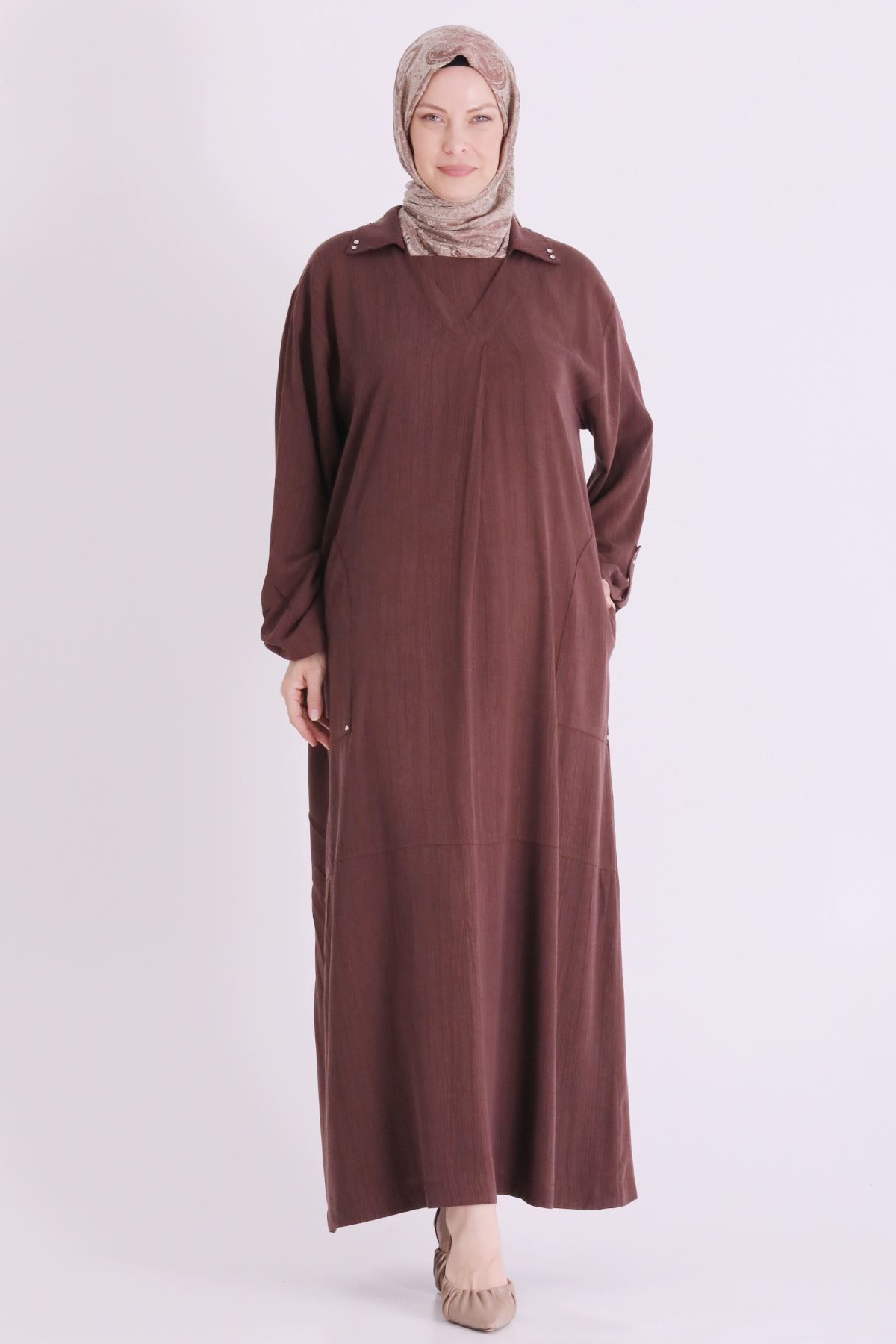 Behrem Zımba Detaylı Elbise-LYN04678 Kahve