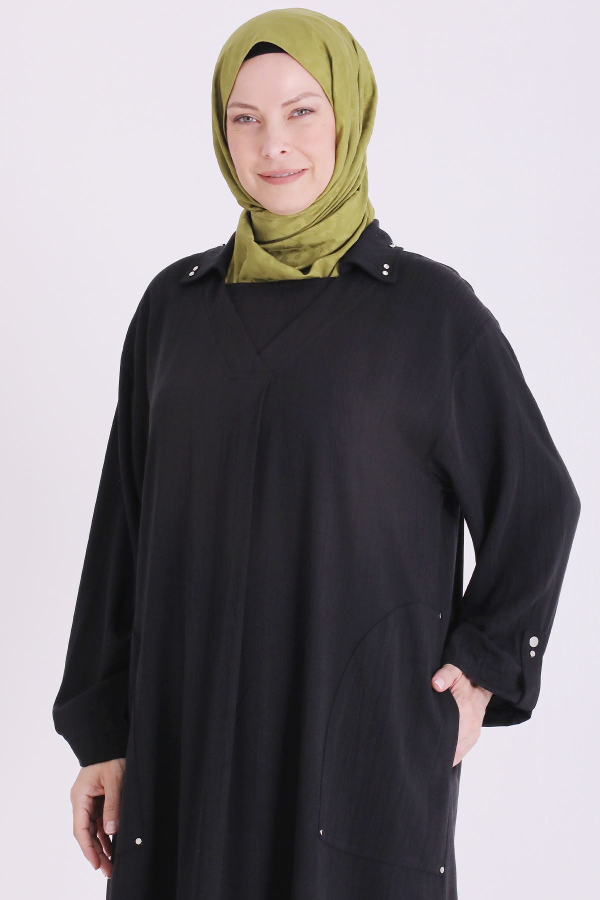 Behrem Zımba Detaylı Elbise-LYN04678 Siyah