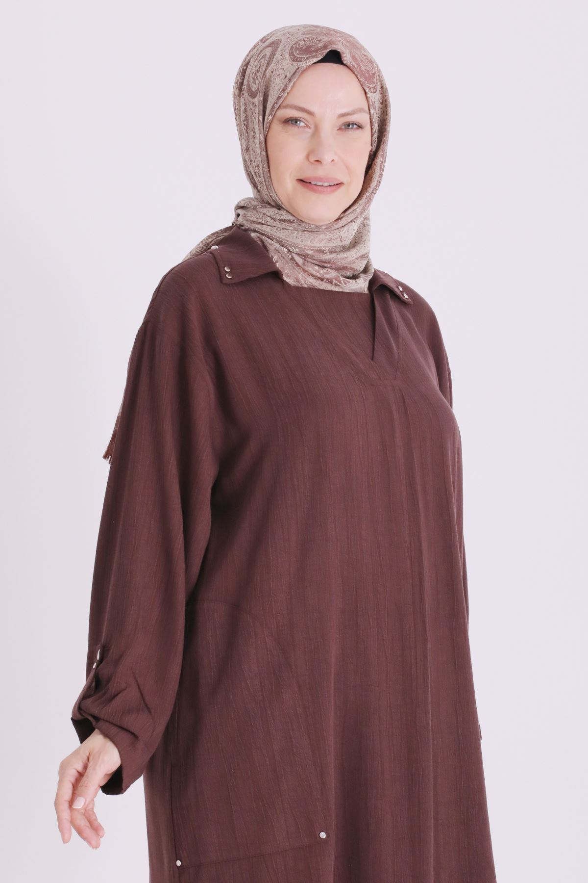 Behrem Zımba Detaylı Elbise-LYN04678 Kahve