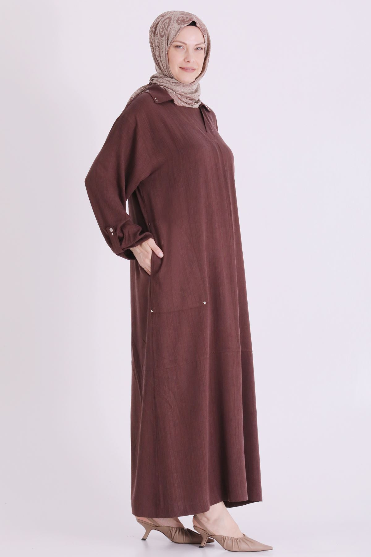 Behrem Zımba Detaylı Elbise-LYN04678 Kahve