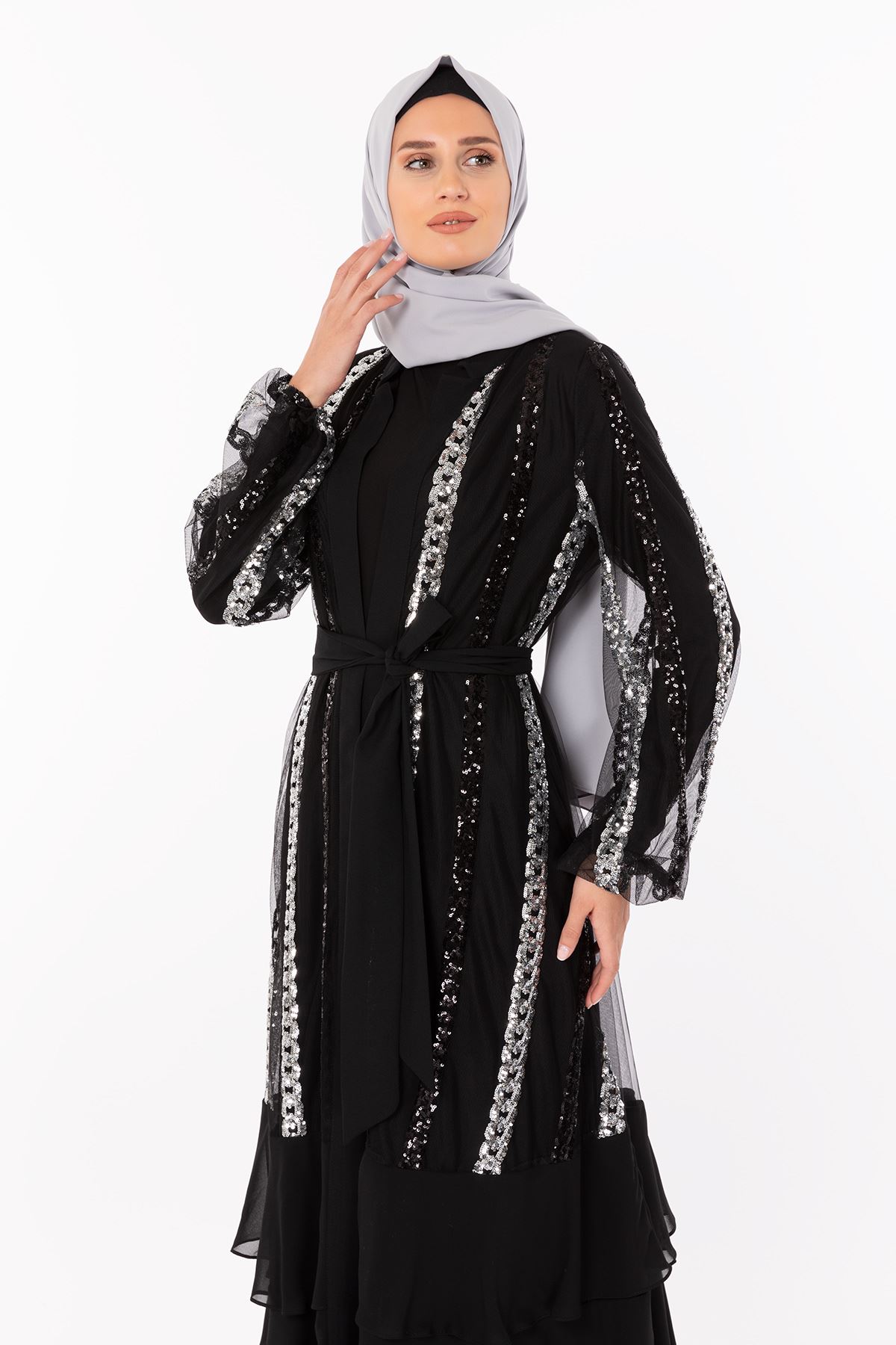 Pul Payet Detaylı Abaya Takım- LYN01214   Siyah-Gümüş