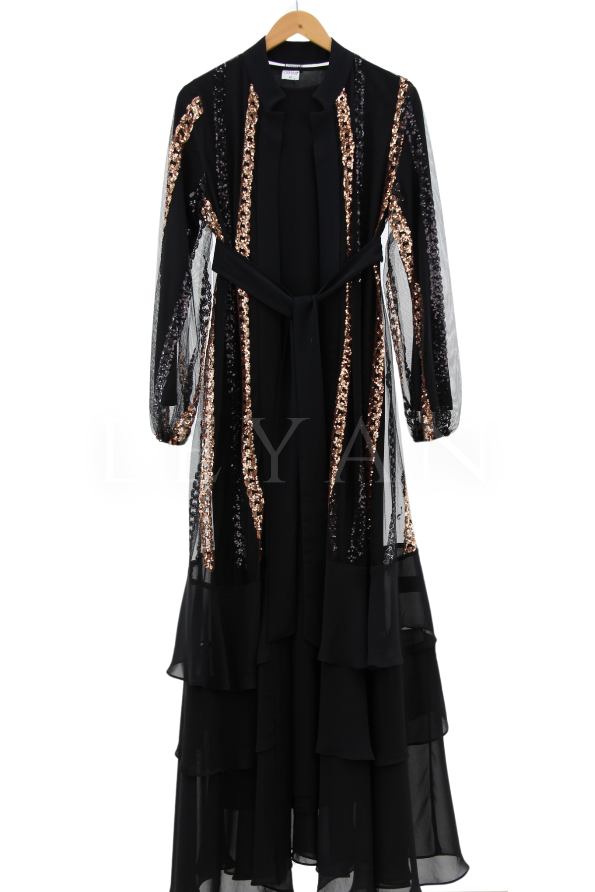 Pul Payet Detaylı Abaya Takım- LYN01214   Siyah-Bakır