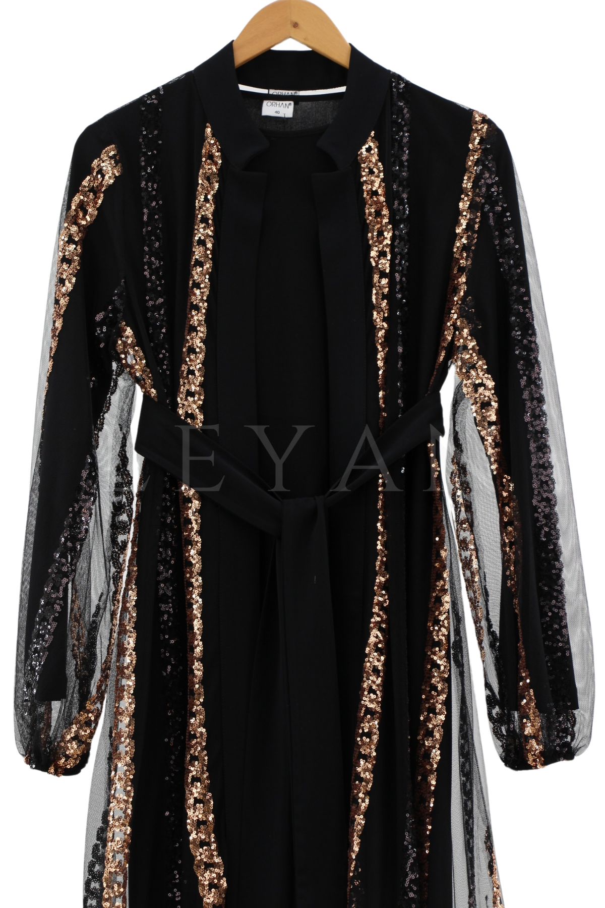Pul Payet Detaylı Abaya Takım- LYN01214   Siyah-Bakır