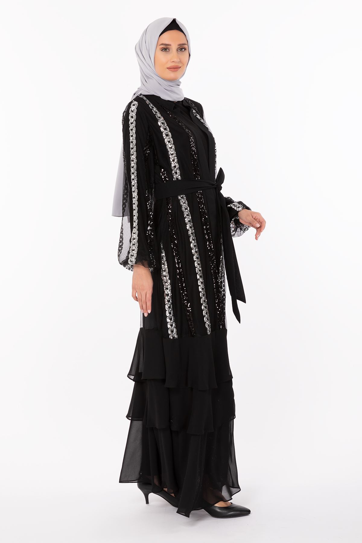 Pul Payet Detaylı Abaya Takım- LYN01214   Siyah-Gümüş