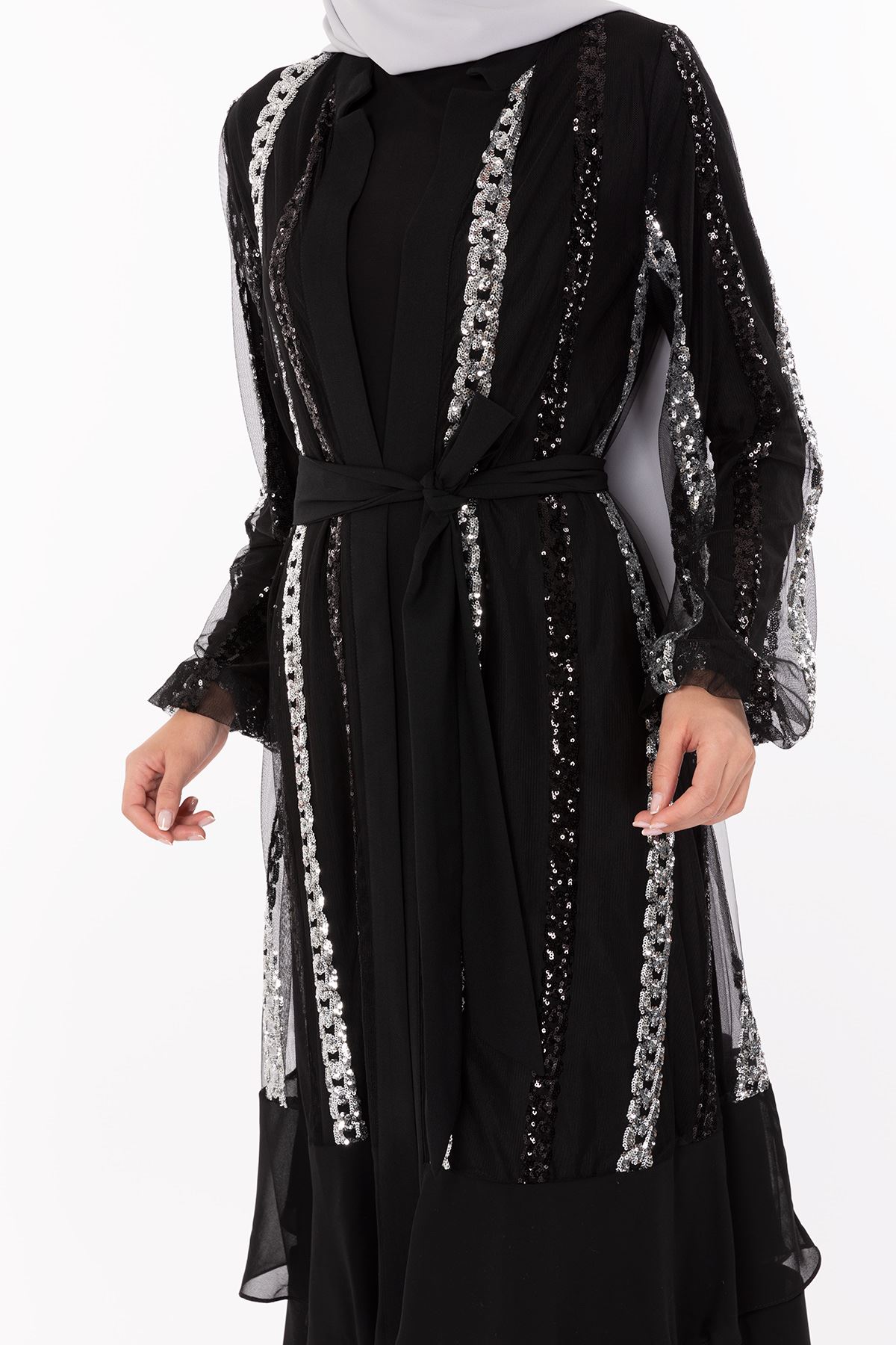 Pul Payet Detaylı Abaya Takım- LYN01214   Siyah-Gümüş